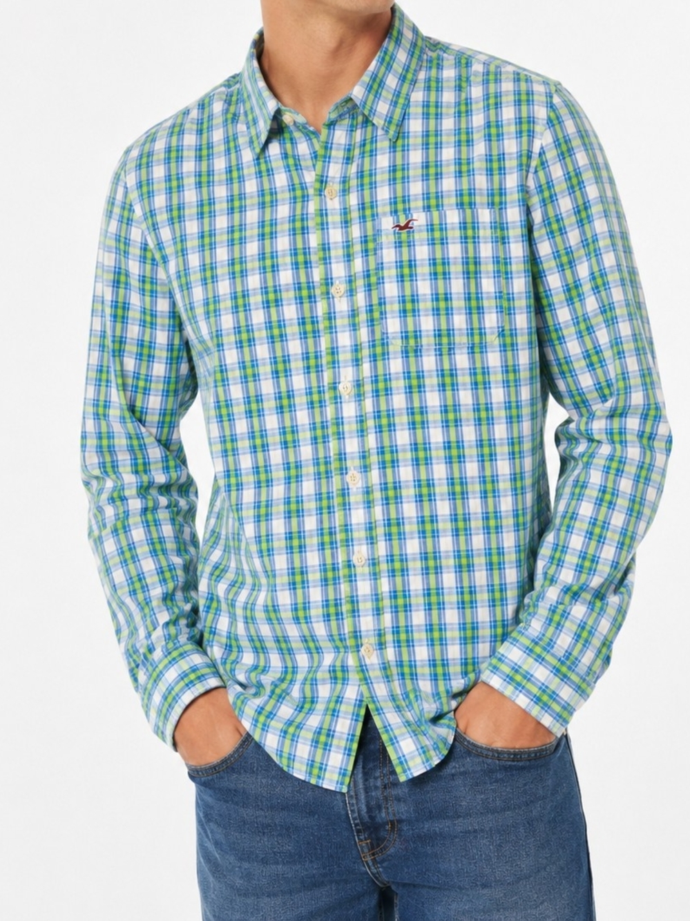 Hollister California Blue & Green Plaid Button Front Shirt Men's XL Preppy